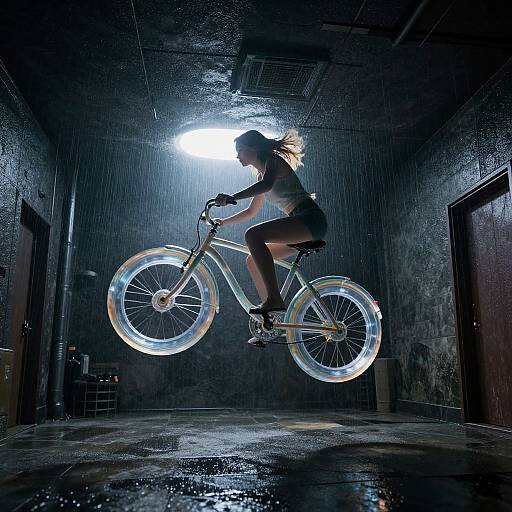 Photograph of a silhouetted woman in a black top and shorts, mid-air on a glowing blue bicycle, in a dark, rain-filled