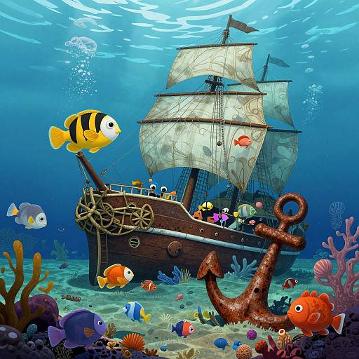Whimsical Underwater Shipwreck with Colorful Fish
