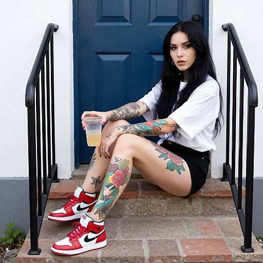Tattooed Woman on Outdoor Steps