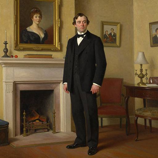 Photograph of a man in black Victorian suit standing in ornate, vintage living room with fireplace, portraits, and antique furniture.