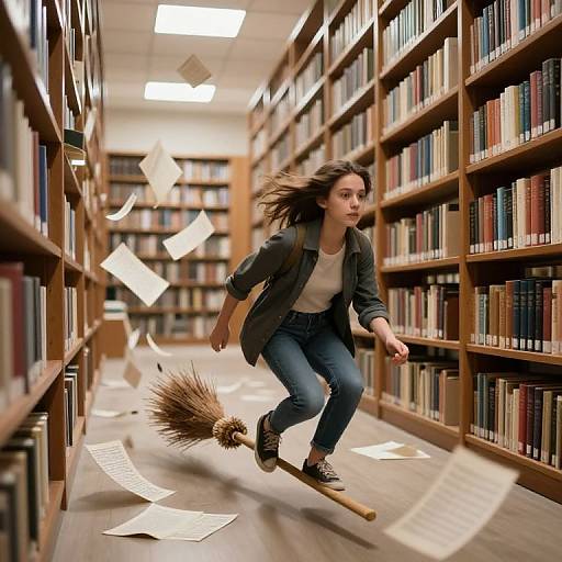 Photograph of a young woman with brown hair, wearing a black jacket and blue jeans, flying down a library aisle on a broomstick, with