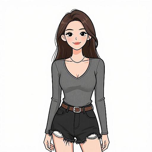 Digital anime-style drawing of a smiling young woman with long brown hair, wearing a gray long-sleeve top, black high-waisted shorts with