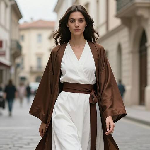 Photograph of a confident brunette woman in a white kimono-style top and brown robe, walking down a blurred, cobblestone European street.