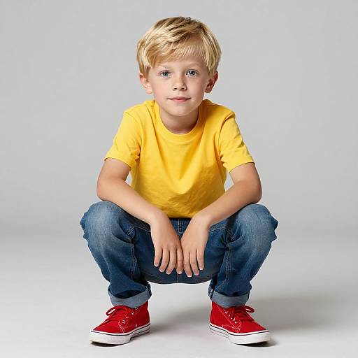 Photograph of a blonde, blue-eyed boy squatting, wearing a bright yellow t-shirt, blue jeans, and red sneakers, against a plain white
