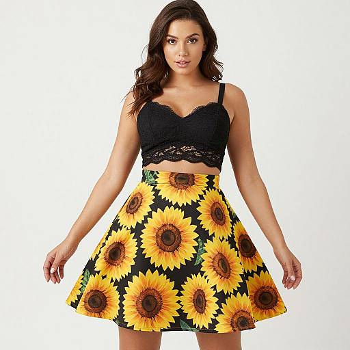 Photograph of a curvy woman with long brown hair, wearing a black lace crop top and a sunflower-patterned skirt, standing against a white