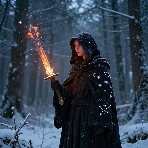 Photograph of a woman in a dark hooded cloak holding a glowing, fiery sword in a snowy, dark forest at night.