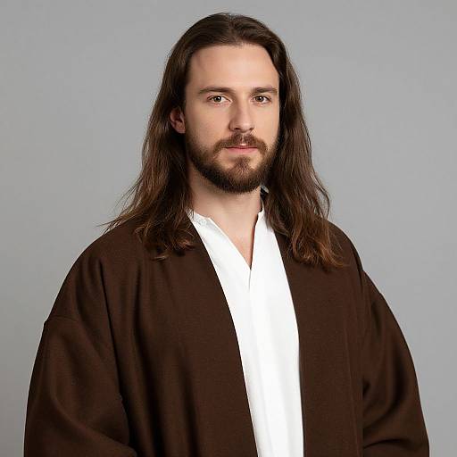 Photograph of a Caucasian man with long brown hair, beard, wearing a black robe over a white tunic, against a plain light blue background.