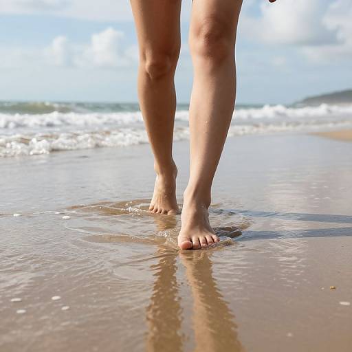 Photograph of a person's bare legs and feet walking in shallow ocean water on a sunny beach with gentle waves.