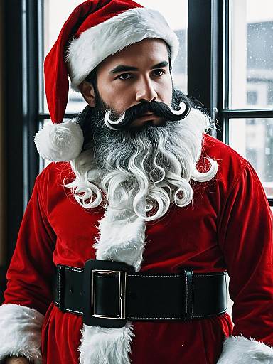 Man in Unique Santa Suit with Curled Beard and Mustache