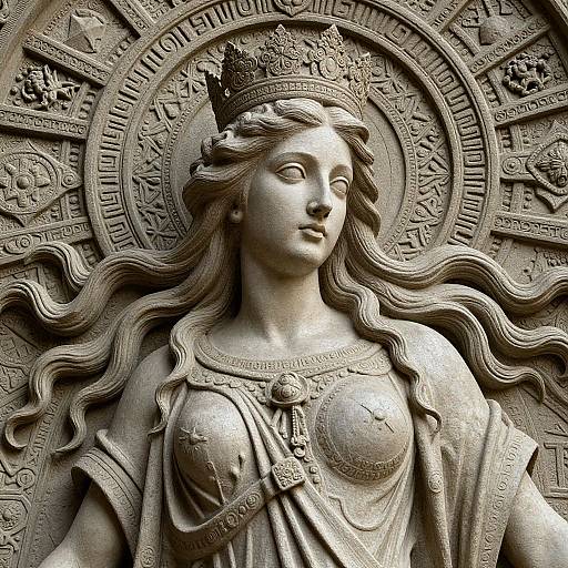Photograph of intricately carved stone statue of a regal woman with long wavy hair, crown, and detailed robe, surrounded by circular, pattern