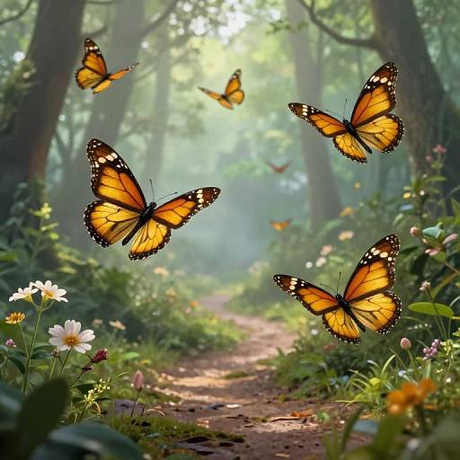 Photograph of a sunlit forest path with five vibrant orange and black butterflies fluttering among white daisies and greenery.