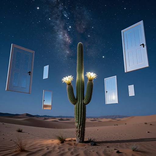 Radiant Cactus Amid Infinite Doors