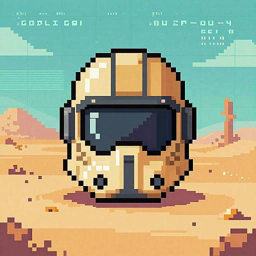 Pixel art of a futuristic, beige and black helmet with a large dark visor, standing in a desert with blue sky and digital interface overlay.