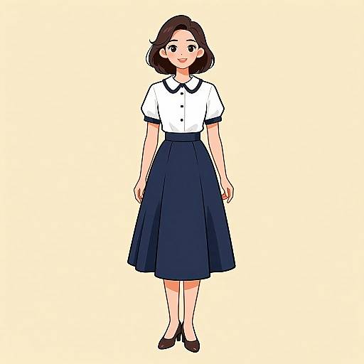 Digital anime-style drawing of a smiling young woman with short brown hair, wearing a white short-sleeve blouse, navy skirt, and black shoes.