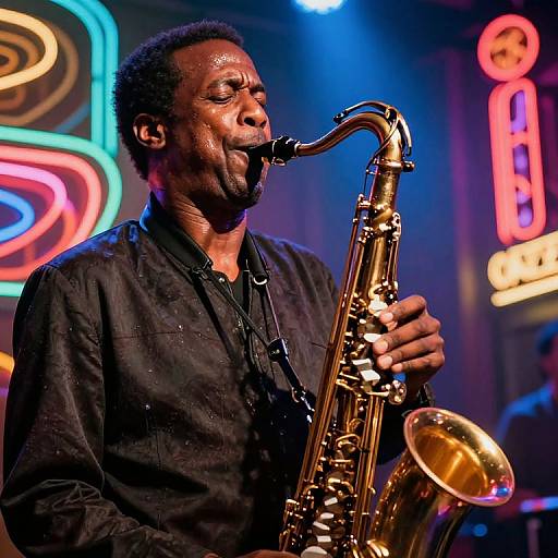 Photograph of a black male saxophonist with closed eyes, playing passionately on stage, wearing a black shirt, with colorful neon signs in the blurred