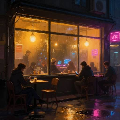 Neon-lit café at night: warm orange glow inside contrasts with dark, wet street; silhouetted patrons sit at tables, illuminated by