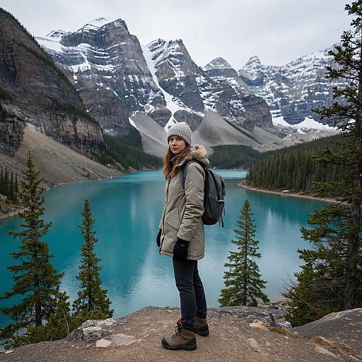 Photograph of a woman in a beige coat, black pants, brown boots, and white knit hat standing by a turquoise lake with snowy mountains in the