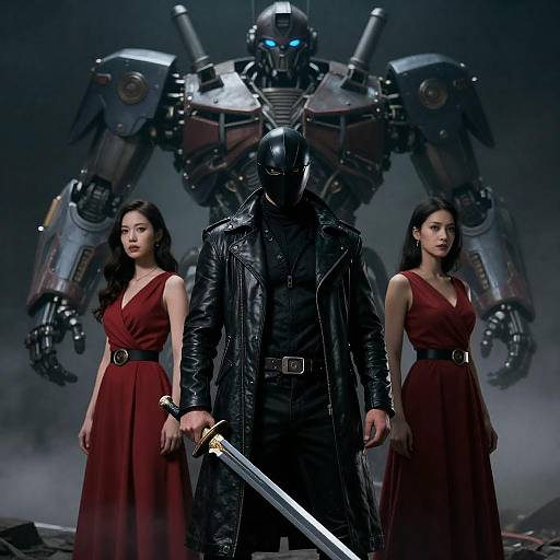 Masked Warrior with Sword and Two Women in Red Dresses in Front of Robot