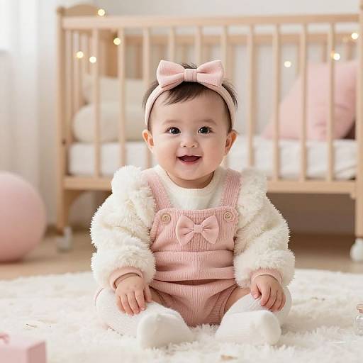 Photograph of a smiling baby with light skin, wearing a pink bow headband, pink pinstripe romper, white fuzzy sweater, and white