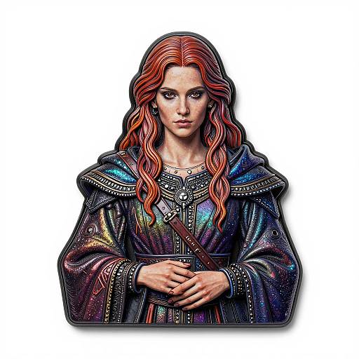 Digital illustration of a stern-looking woman with long, wavy red hair, wearing a detailed, iridescent medieval-style cloak, hands clasped in