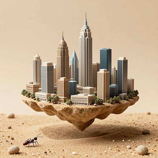 Photorealistic CGI of a floating desert island cityscape with skyscrapers, an ant, and scattered rocks against a beige background.