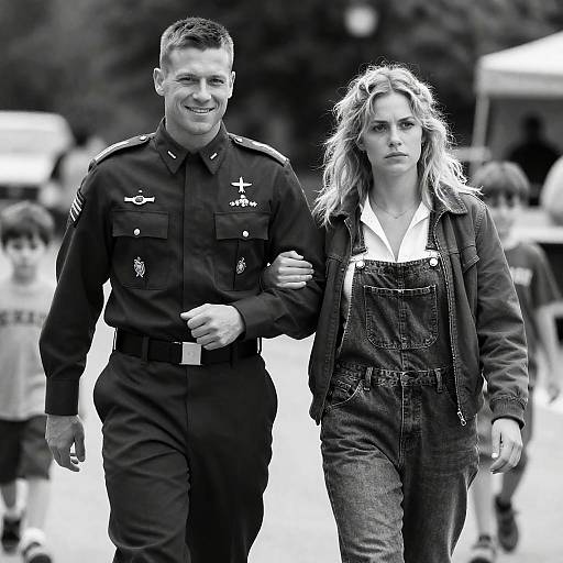Military Man and Woman Walking Outdoors