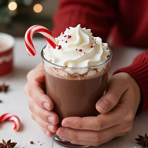 Photograph of hands holding a glass of hot chocolate topped with whipped cream, red candy cane, and sprinkles, wearing a red sweater, festive background