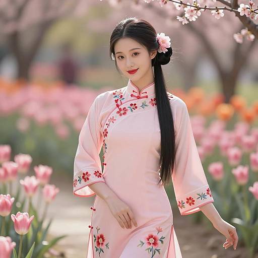 Elegant Young Woman in Qipao Among Flowers