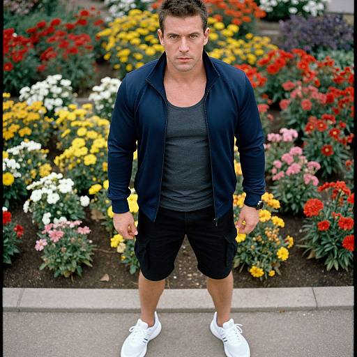 Photograph of a muscular, serious-looking man with short brown hair, wearing a black jacket, gray shirt, black shorts, and white sneakers, standing