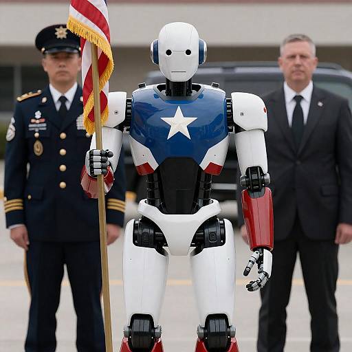 Humanoid Robot Holding American Flag in Military Ceremony