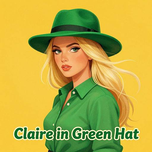 Digital art of a blonde woman with green eyes, wearing a green hat and shirt, against a yellow background. Text reads 