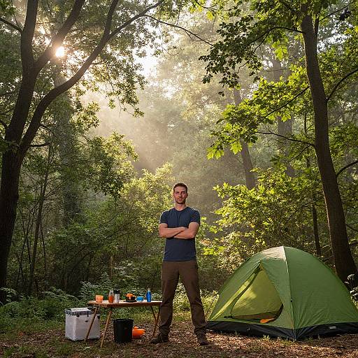 Photograph of a bearded man standing confidently with arms crossed, wearing a navy shirt and brown pants, in front of a green camping tent in a