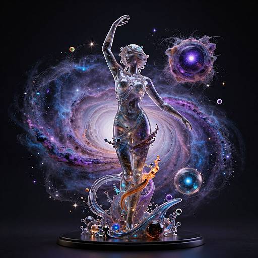 Glowing, futuristic sculpture of a dancing woman with cosmic swirls, planets, and stars in vibrant purple, blue, and orange hues.
