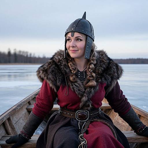 Medieval woman with braided hair, black helmet, and fur-trimmed red dress, sitting in wooden boat on frozen lake. Photograph.