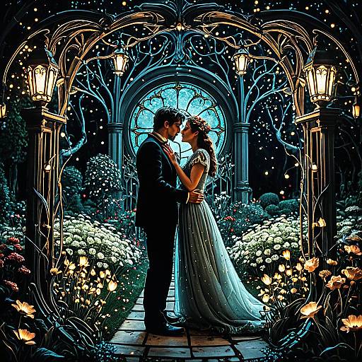 Romantic Couple in Enchanted Art Nouveau Garden