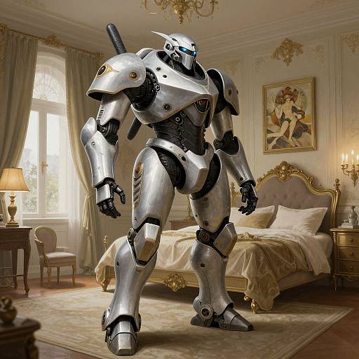 Photorealistic CGI of a towering, silver, futuristic knight robot standing in a luxurious, ornate bedroom with a golden bed, chandelier, and