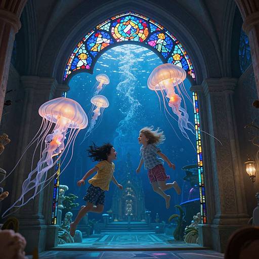 Photograph: Two children, one with dark hair and one with blonde, joyfully jumping underwater amidst glowing jellyfish in a cathedral-like setting with colorful