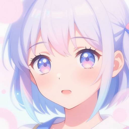 Digital anime-style portrait of a young girl with large, sparkling blue-purple eyes, white hair, and a subtle, surprised expression.