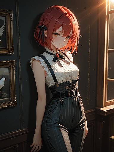 Redheaded Anime Woman in Pinstripe Jumpsuit