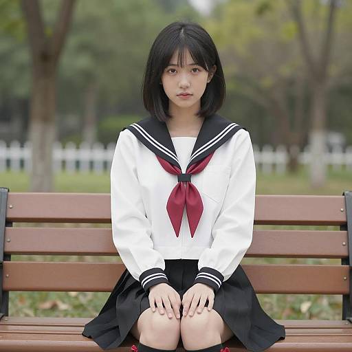 Asian Woman in Sailor Uniform Outdoors
