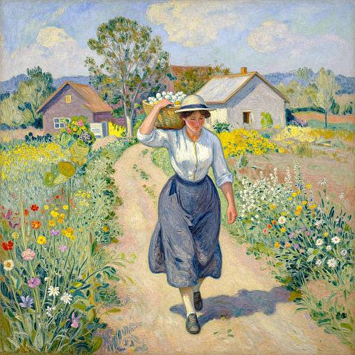 A vibrant, impressionist painting of a smiling woman in a white blouse and blue skirt, walking down a flower-filled path to a rustic house, wearing