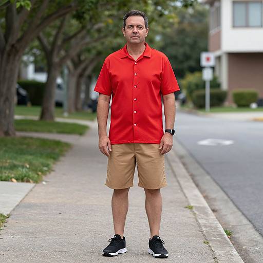 Photograph of a middle-aged man with short dark hair, wearing a red polo shirt, beige shorts, black sneakers, standing on a suburban sidewalk with