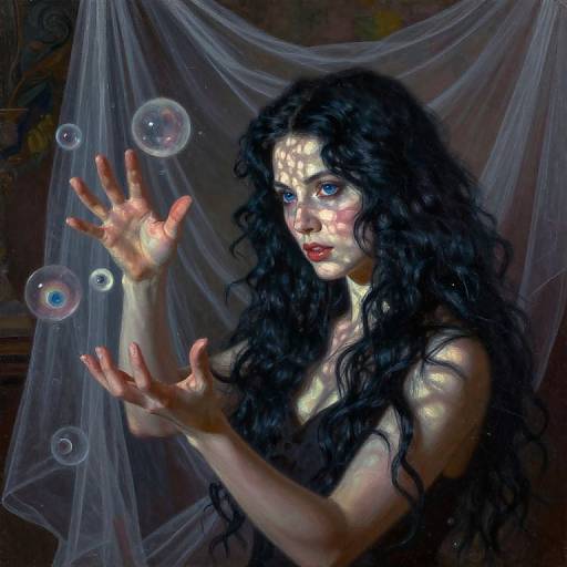 Digital painting of a pale-skinned, dark-haired woman with blue eyes, surrounded by glowing soap bubbles, raising her hands against a translucent, draped background