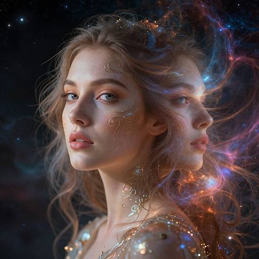 Digital art of a fair-skinned woman with wavy brown hair, ethereal glow, and dual faces, surrounded by cosmic colors and stars.