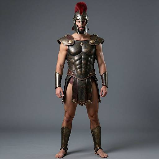 Photograph of a muscular, bearded man in ancient Greek-style armor, including a black helmet with red plume, shoulder plates, and skirted