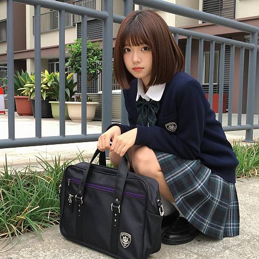 Asian Schoolgirl with Messenger Bag Outdoors