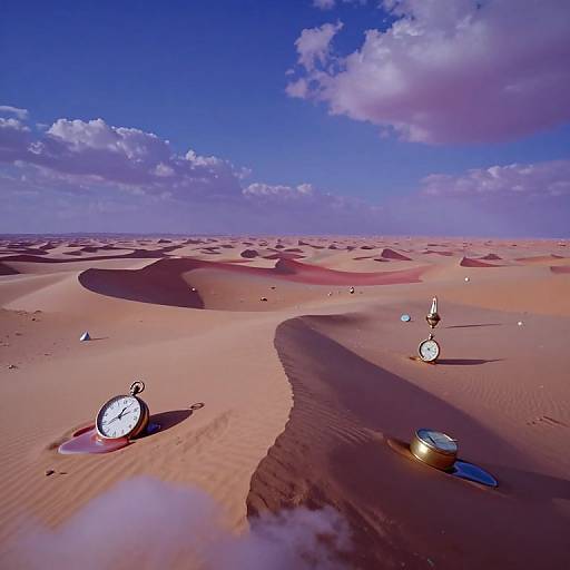 Photograph of a vivid desert landscape with rolling sand dunes, bright blue sky, white clouds, and four glowing clocks scattered on the sand, casting