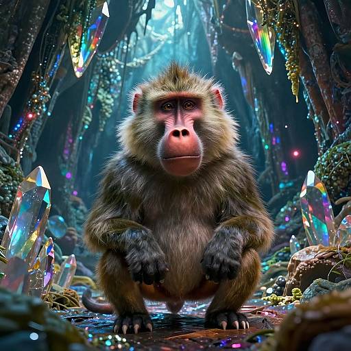 CGI image of a realistic, furry monkey with a pink face, standing in a vibrant, crystal-filled cave with colorful, glowing minerals.