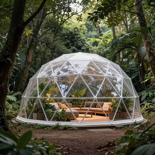 Photograph of a transparent geodesic dome tent in a lush, green forest, containing a cozy wooden bench and potted plants inside. Sunlight