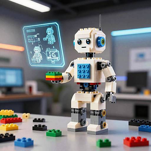 Photograph of a white LEGO robot with blue and black accents, displaying a neon hologram of itself, standing on a table with scattered colorful LEGO pieces